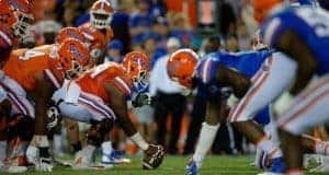 The Florida Gators firs team offense lines up against the second team defense during the 2017 Orange and Blue Debut- Florida Gators football- 1280x852