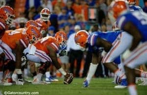The Florida Gators firs team offense lines up against the second team defense during the 2017 Orange and Blue Debut- Florida Gators football- 1280x852