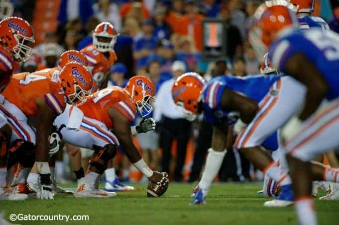 The Florida Gators firs team offense lines up against the second team defense during the 2017 Orange and Blue Debut- Florida Gators football- 1280x852