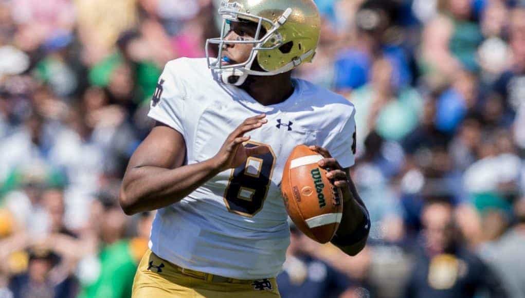 Apr 16, 2016; South Bend, IN, USA; Notre Dame Fighting Irish quarterback Malik Zaire (8) looks to throw in the first quarter of the Blue-Gold Game at Notre Dame Stadium. The Blue team defeated the Gold team 17-7. Mandatory Credit: Matt Cashore-USA TODAY Sports