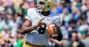 Apr 16, 2016; South Bend, IN, USA; Notre Dame Fighting Irish quarterback Malik Zaire (8) looks to throw in the first quarter of the Blue-Gold Game at Notre Dame Stadium. The Blue team defeated the Gold team 17-7. Mandatory Credit: Matt Cashore-USA TODAY Sports