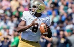 Apr 16, 2016; South Bend, IN, USA; Notre Dame Fighting Irish quarterback Malik Zaire (8) looks to throw in the first quarter of the Blue-Gold Game at Notre Dame Stadium. The Blue team defeated the Gold team 17-7. Mandatory Credit: Matt Cashore-USA TODAY Sports