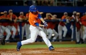 University of Florida first baseman JJ Schwarz singles up the middle against the South Carolina Gamecocks- Florida Gators baseball- 1280x852