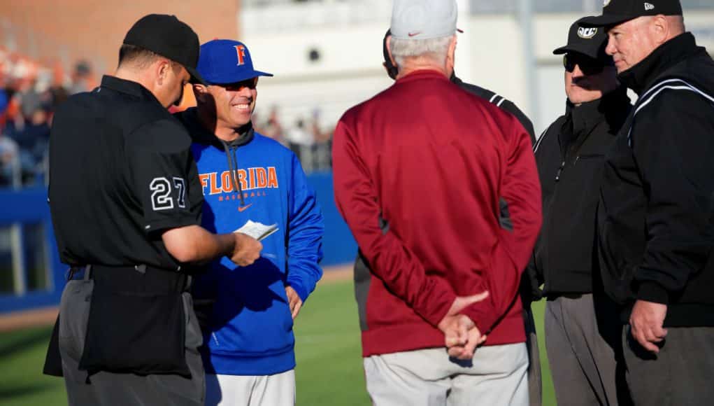 University of Florida manager Kevin O’Sullivan and FSU manager Mike Martin meet at the plate before the Gators and Noles game in Gainesville- Florida Gators baseball- 1280x854