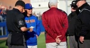 University of Florida manager Kevin O’Sullivan and FSU manager Mike Martin meet at the plate before the Gators and Noles game in Gainesville- Florida Gators baseball- 1280x854