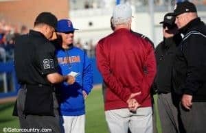 University of Florida manager Kevin O’Sullivan and FSU manager Mike Martin meet at the plate before the Gators and Noles game in Gainesville- Florida Gators baseball- 1280x854
