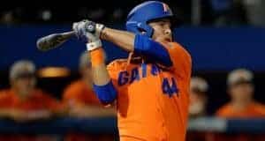 University of Florida outfielder Austin Langworthy takes a swing against the South Carolina Gamecocks- Florida Gators baseball- 1280x852