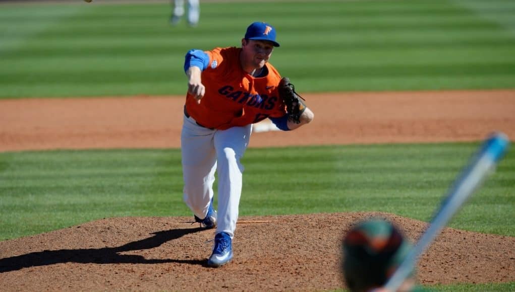 University of Florida pitcher Michael Byrne delivers to the plate in a win over the Miami Hurricanes- Florida Gators baseball- 1280x852