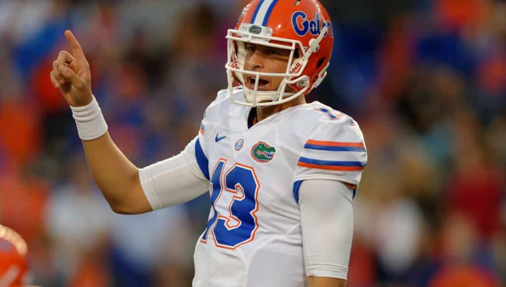University of Florida quarterback Feleipe Franks makes a check at the line of scrimmage during the Orange and Blue Debut- Florida Gators football- 1280x852