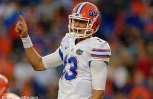 University of Florida quarterback Feleipe Franks makes a check at the line of scrimmage during the Orange and Blue Debut- Florida Gators football- 1280x852