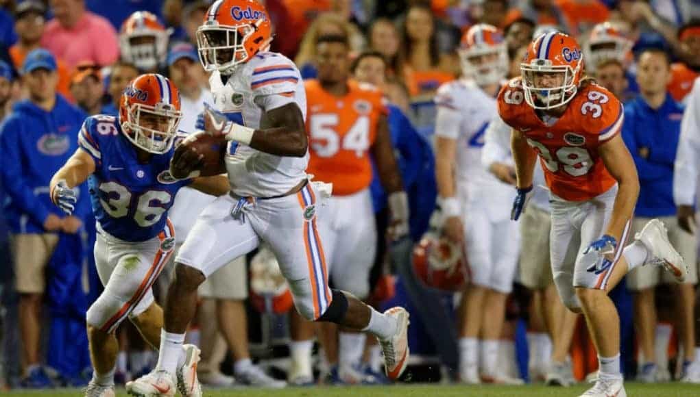 University of Florida quarterback Kadarius Toney runs for a first down during the Orange and Blue Debut- Florida Gators football- 1280x852