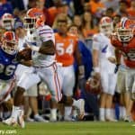 University of Florida quarterback Kadarius Toney runs for a first down during the Orange and Blue Debut- Florida Gators football- 1280x852