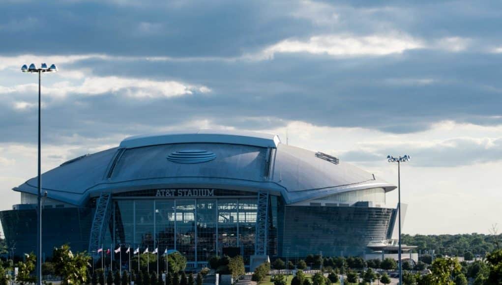 May 12, 2017; Arlington, TX, USA; A view of AT&T stadium the home of the Dallas Cowboys before the game between the Texas Rangers and the Oakland Athletics at Globe Life Park in Arlington. Mandatory Credit: Jerome Miron-USA TODAY Sports