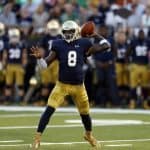 Sep 5, 2015; South Bend, IN, USA; Notre Dame Fighting Irish quarterback Malik Zaire (8) throws a pass against the Texas Longhorns at Notre Dame Stadium. Mandatory Credit: Brian Spurlock-USA TODAY Sports
