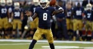 Sep 5, 2015; South Bend, IN, USA; Notre Dame Fighting Irish quarterback Malik Zaire (8) throws a pass against the Texas Longhorns at Notre Dame Stadium. Mandatory Credit: Brian Spurlock-USA TODAY Sports