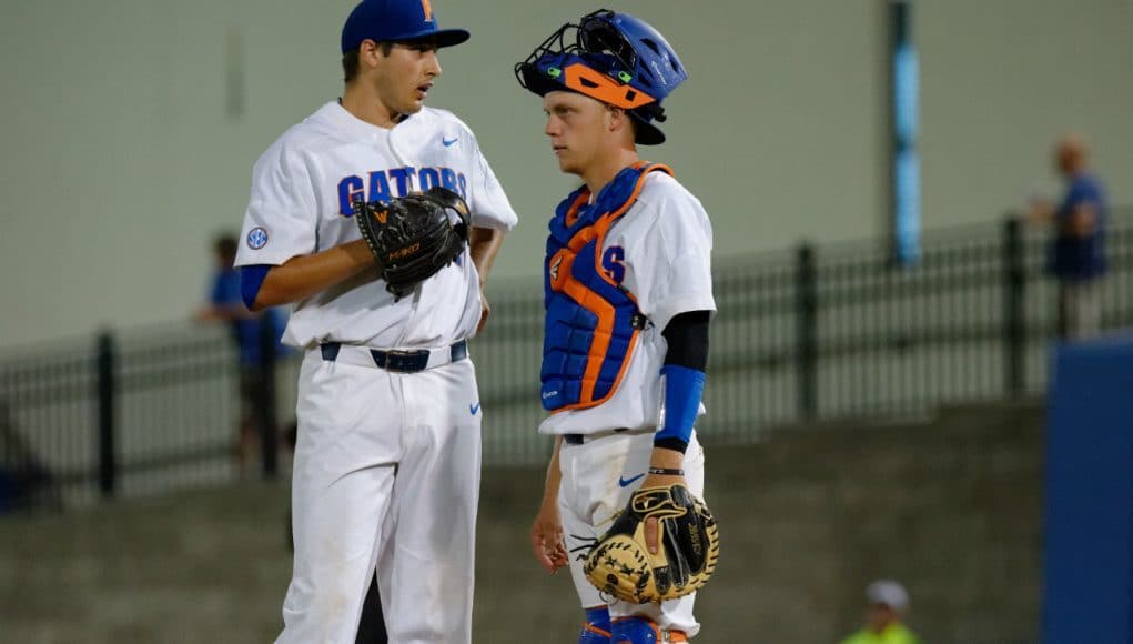 University of Florida catcher JJ Schwarz talks with pitcher Alex Faedo on the mound in a loss to Kentucky- Florida Gators baseball- 1280x852