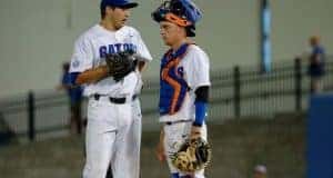 University of Florida catcher JJ Schwarz talks with pitcher Alex Faedo on the mound in a loss to Kentucky- Florida Gators baseball- 1280x852