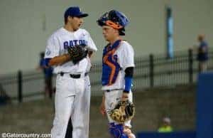 University of Florida catcher JJ Schwarz talks with pitcher Alex Faedo on the mound in a loss to Kentucky- Florida Gators baseball- 1280x852