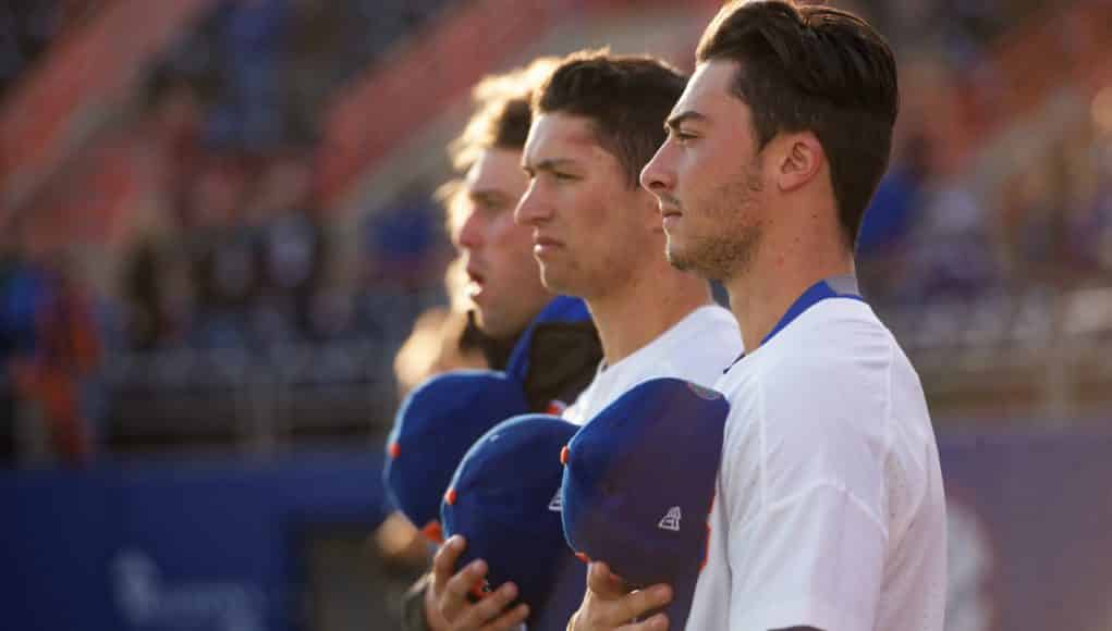 University of Florida infielder Jonathan India stands for the National Anthem before the Florida Gators win over Florida State- Florida Gators baseball- 1280x854