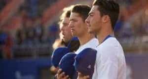 University of Florida infielder Jonathan India stands for the National Anthem before the Florida Gators win over Florida State- Florida Gators baseball- 1280x854