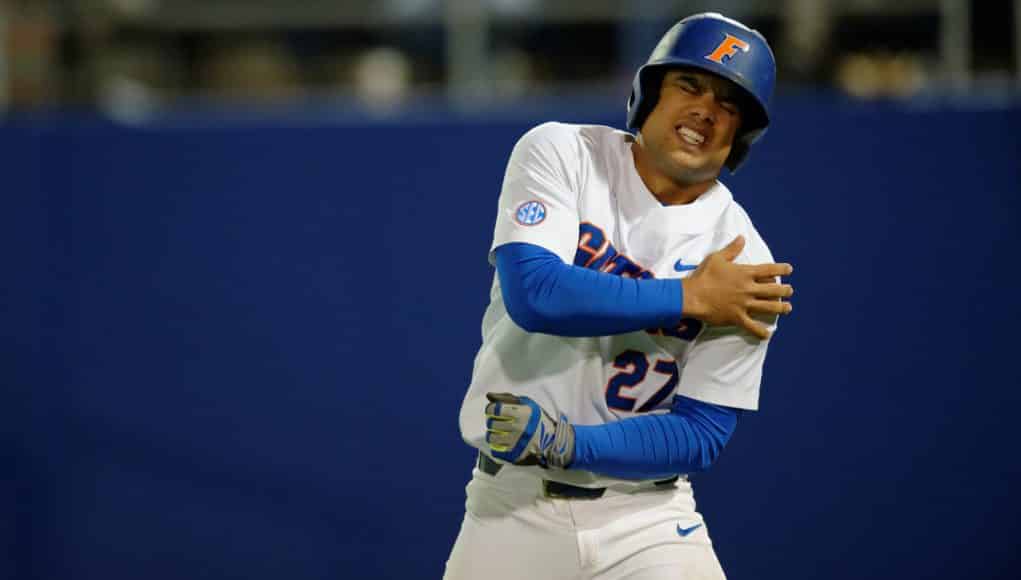 University of Florida outfielder Nelson Maldonado reacts after being hit by a pitch in a win over Florida State- Florida Gators baseball- 1280x852