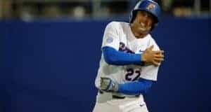 University of Florida outfielder Nelson Maldonado reacts after being hit by a pitch in a win over Florida State- Florida Gators baseball- 1280x852