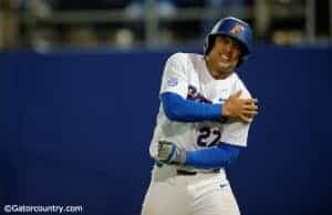 University of Florida outfielder Nelson Maldonado reacts after being hit by a pitch in a win over Florida State- Florida Gators baseball- 1280x852