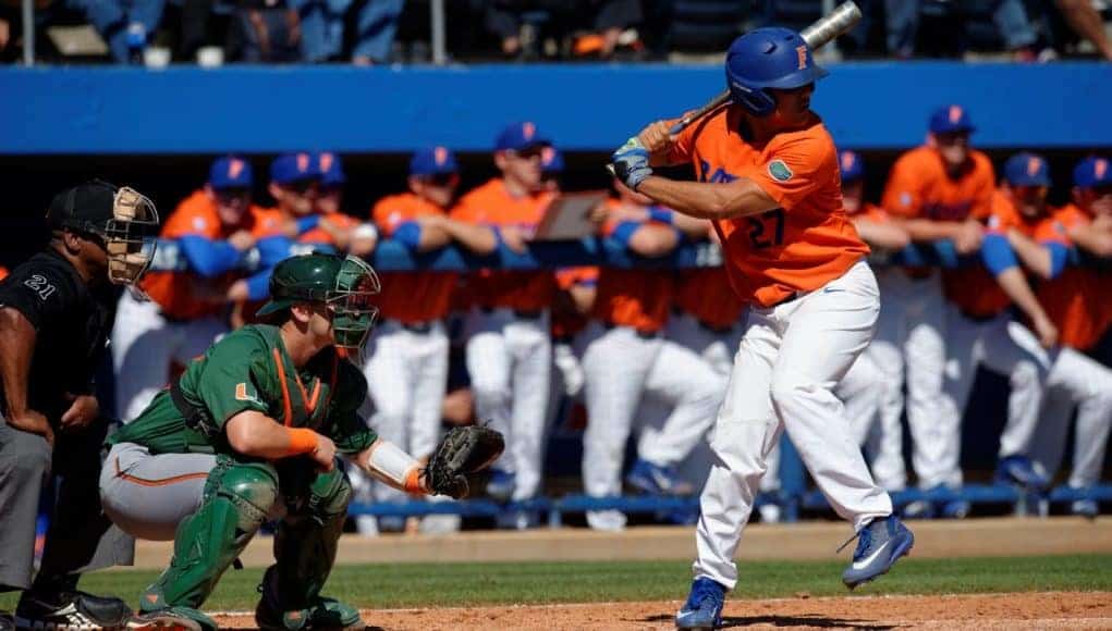 University of Florida outfielder Nelson Maldonado takes a swing in a series against the Miami Hurricanes- Florida Gators baseball- 1280x852