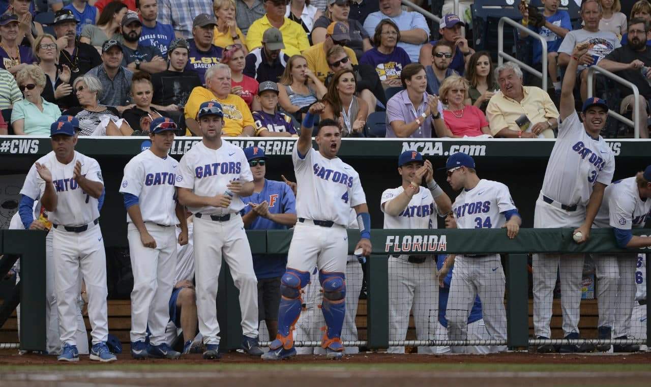 Florida Gators celebrate against LSU in the CWS finals- 1280x761