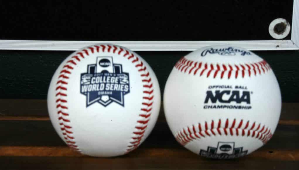 Official game balls for the 2017 College World Series sitting in the Florida Gators dugout- Florida Gators baseball- 1280x850