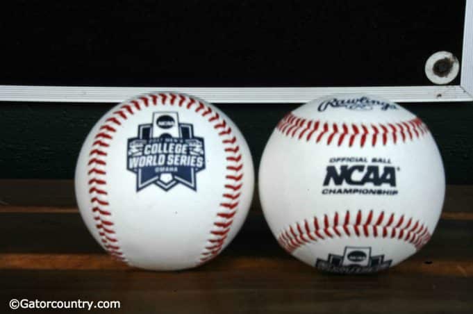 Official game balls for the 2017 College World Series sitting in the Florida Gators dugout- Florida Gators baseball- 1280x850