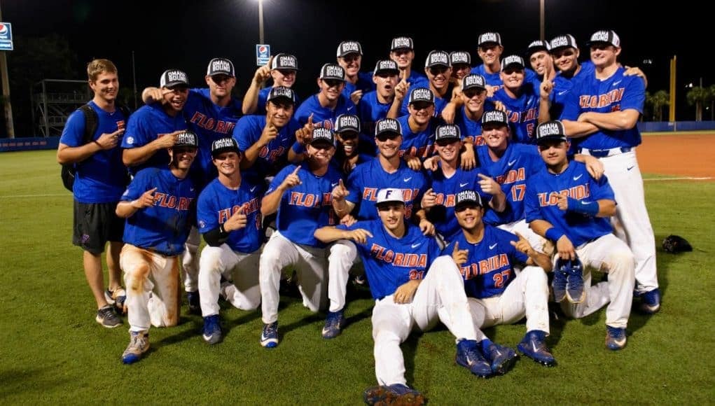 The University of Florida baseball team celebrates a 3-0 win over Wake Forest that punched their ticket to a third-consecutive College World Series- Florida Gators baseball 1280x854