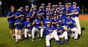 The University of Florida baseball team celebrates a 3-0 win over Wake Forest that punched their ticket to a third-consecutive College World Series- Florida Gators baseball 1280x854