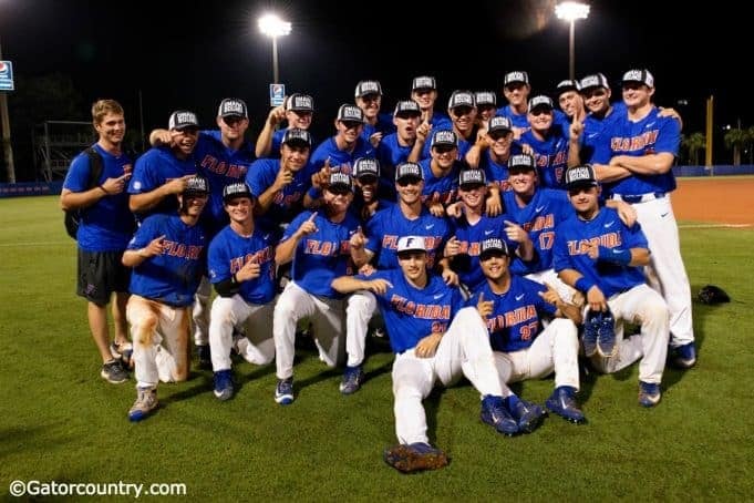 The University of Florida baseball team celebrates a 3-0 win over Wake Forest that punched their ticket to a third-consecutive College World Series- Florida Gators baseball 1280x854