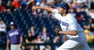 Jun 18, 2017; Omaha, NE, USA; Florida Gators pitcher Alex Faedo (21) pitches in the first inning against the TCU Horned Frogs at TD Ameritrade Park Omaha. Mandatory Credit: Steven Branscombe-USA TODAY Sports