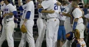 Jun 18, 2017; Omaha, NE, USA; Florida Gators pitcher Alex Faedo (21) and pitcher Michael Byrne (17) celebrate after defeating the TCU Horned Frogs at TD Ameritrade Park Omaha. Florida won 3-0. Mandatory Credit: Bruce Thorson-USA TODAY Sports