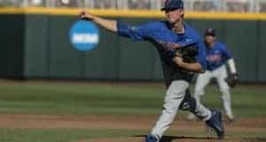 Jun 20, 2017; Omaha, NE, USA; Florida Gators pitcher Brady Singer (51) throws agains the Louisville Cardinals in the first inning at TD Ameritrade Park Omaha. Mandatory Credit: Bruce Thorson-USA TODAY Sports