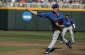 Jun 20, 2017; Omaha, NE, USA; Florida Gators pitcher Brady Singer (51) throws agains the Louisville Cardinals in the first inning at TD Ameritrade Park Omaha. Mandatory Credit: Bruce Thorson-USA TODAY Sports