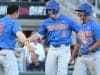 Jun 20, 2017; Omaha, NE, USA; Florida Gators infielder Deacon Liput (8) celebrates with infielder Jonathan India (6) and infielder Nelson Maldonado (27) after hitting a three run home run in the fourth inning against the Louisville Cardinals at TD Ameritrade Park Omaha. Mandatory Credit: Steven Branscombe-USA TODAY Sports
