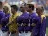 Jun 24, 2017; Omaha, NE, USA; LSU Tigers head coach Paul Mainieri observes the National Anthem prior to the game against the Oregon State Beavers at TD Ameritrade Park Omaha. Mandatory Credit: Bruce Thorson-USA TODAY Sports