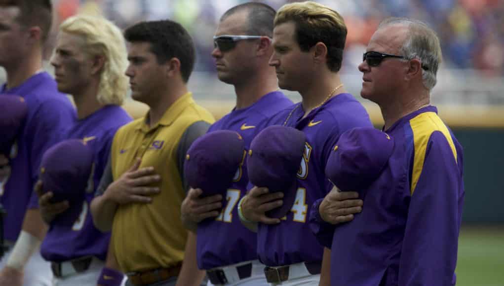 Jun 24, 2017; Omaha, NE, USA; LSU Tigers head coach Paul Mainieri observes the National Anthem prior to the game against the Oregon State Beavers at TD Ameritrade Park Omaha. Mandatory Credit: Bruce Thorson-USA TODAY Sports