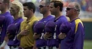 Jun 24, 2017; Omaha, NE, USA; LSU Tigers head coach Paul Mainieri observes the National Anthem prior to the game against the Oregon State Beavers at TD Ameritrade Park Omaha. Mandatory Credit: Bruce Thorson-USA TODAY Sports