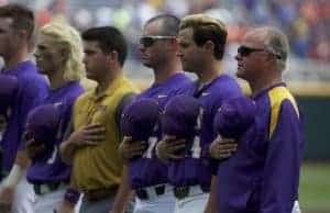 Jun 24, 2017; Omaha, NE, USA; LSU Tigers head coach Paul Mainieri observes the National Anthem prior to the game against the Oregon State Beavers at TD Ameritrade Park Omaha. Mandatory Credit: Bruce Thorson-USA TODAY Sports