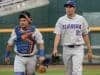 Jun 24, 2017; Omaha, NE, USA; Florida Gators pitcher Alex Faedo (21) and catcher Mike Rivera (4) walk to the dugout before the game against the TCU Horned Frogs at TD Ameritrade Park Omaha. Mandatory Credit: Steven Branscombe-USA TODAY Sports