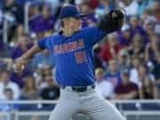 Jun 26, 2017; Omaha, NE, USA; Florida Gators pitcher Brady Singer (51) throws against the LSU Tigers in the first inning in game one of the championship series of the 2017 College World Series at TD Ameritrade Park Omaha. Mandatory Credit: Bruce Thorson-USA TODAY Sports
