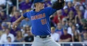 Jun 26, 2017; Omaha, NE, USA; Florida Gators pitcher Brady Singer (51) throws against the LSU Tigers in the first inning in game one of the championship series of the 2017 College World Series at TD Ameritrade Park Omaha. Mandatory Credit: Bruce Thorson-USA TODAY Sports