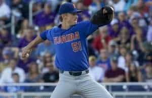 Jun 26, 2017; Omaha, NE, USA; Florida Gators pitcher Brady Singer (51) throws against the LSU Tigers in the first inning in game one of the championship series of the 2017 College World Series at TD Ameritrade Park Omaha. Mandatory Credit: Bruce Thorson-USA TODAY Sports