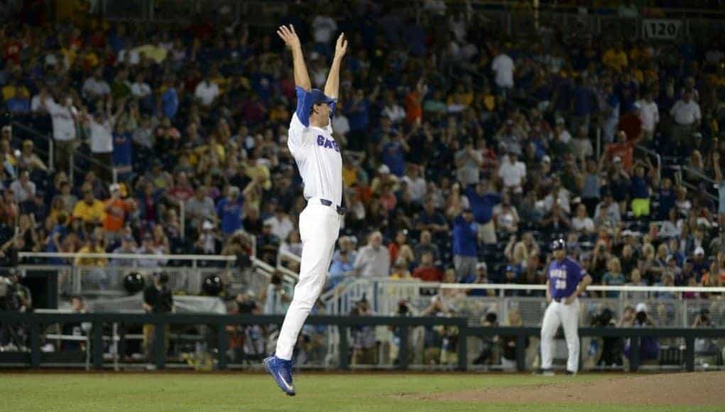 Jun 27, 2017; Omaha, NE, USA; Florida Gators pitcher Jackson Kowar (37) reacts after defeating the LSU Tigers in game two of the championship series of the 2017 College World Series at TD Ameritrade Park Omaha. Mandatory Credit: Steven Branscombe-USA TODAY Sports