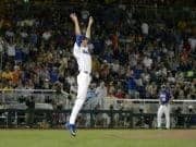 Jun 27, 2017; Omaha, NE, USA; Florida Gators pitcher Jackson Kowar (37) reacts after defeating the LSU Tigers in game two of the championship series of the 2017 College World Series at TD Ameritrade Park Omaha. Mandatory Credit: Steven Branscombe-USA TODAY Sports