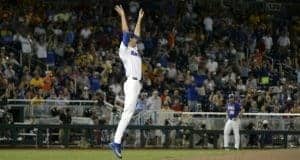 Jun 27, 2017; Omaha, NE, USA; Florida Gators pitcher Jackson Kowar (37) reacts after defeating the LSU Tigers in game two of the championship series of the 2017 College World Series at TD Ameritrade Park Omaha. Mandatory Credit: Steven Branscombe-USA TODAY Sports